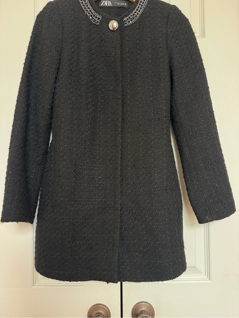 Zara Boucle Tweed Longline Jacket Silver Chain Collar Placket Black